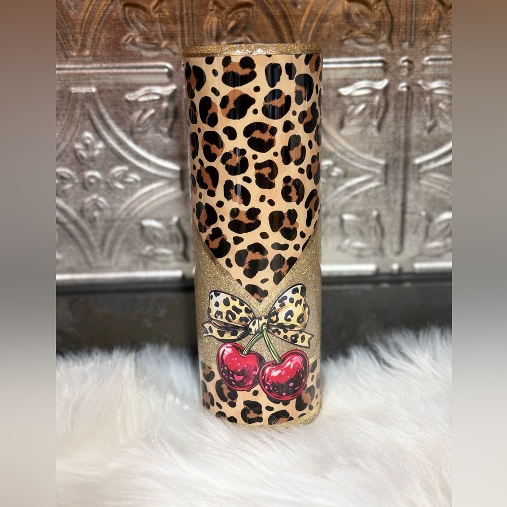 Leopard Print Tumbler with Cherry Design